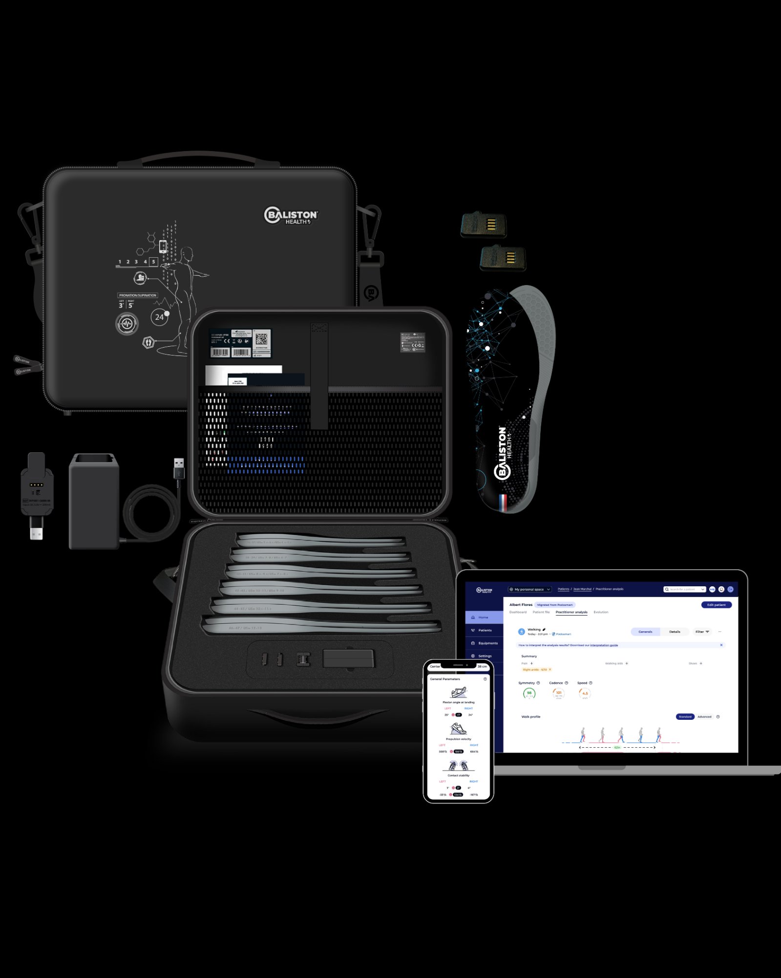 Sport Performance Kit — case, insoles, sensor pods, laptop and mobile dashboard